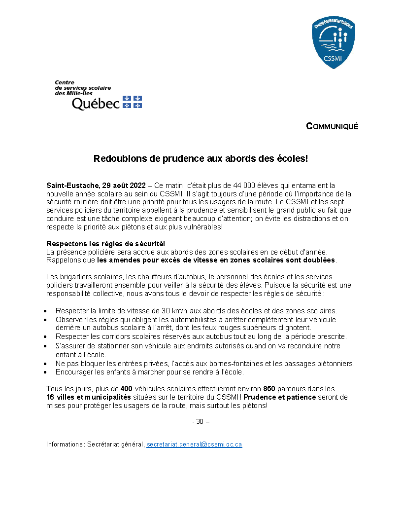 Communiqué sécurité rentrée