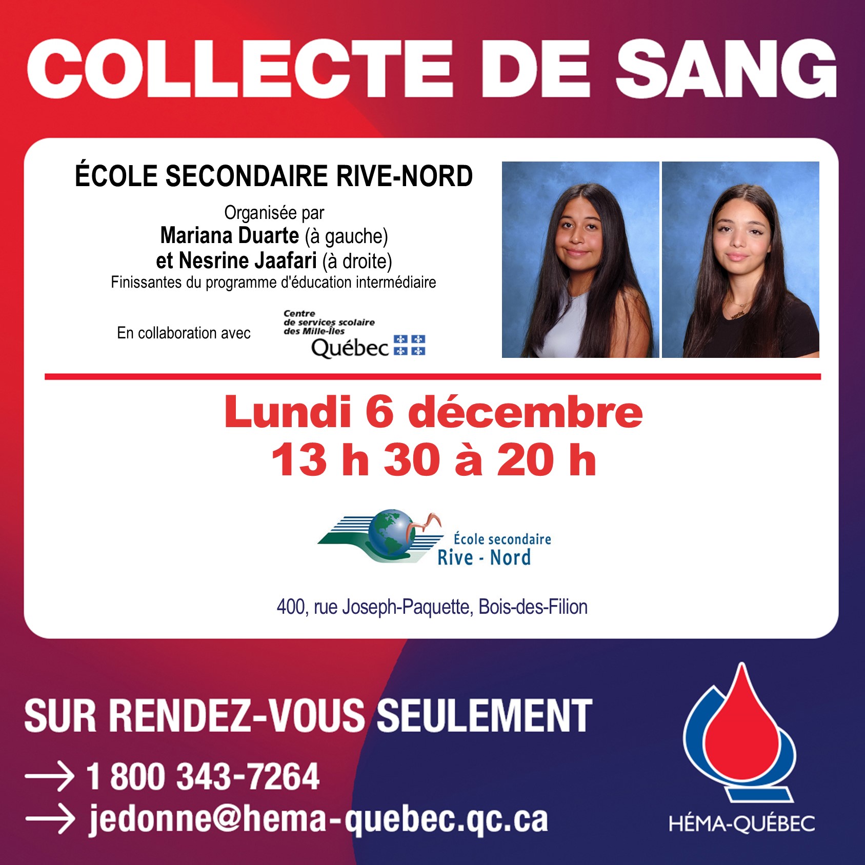 Collecte de sang école secondaire Rive-Nord